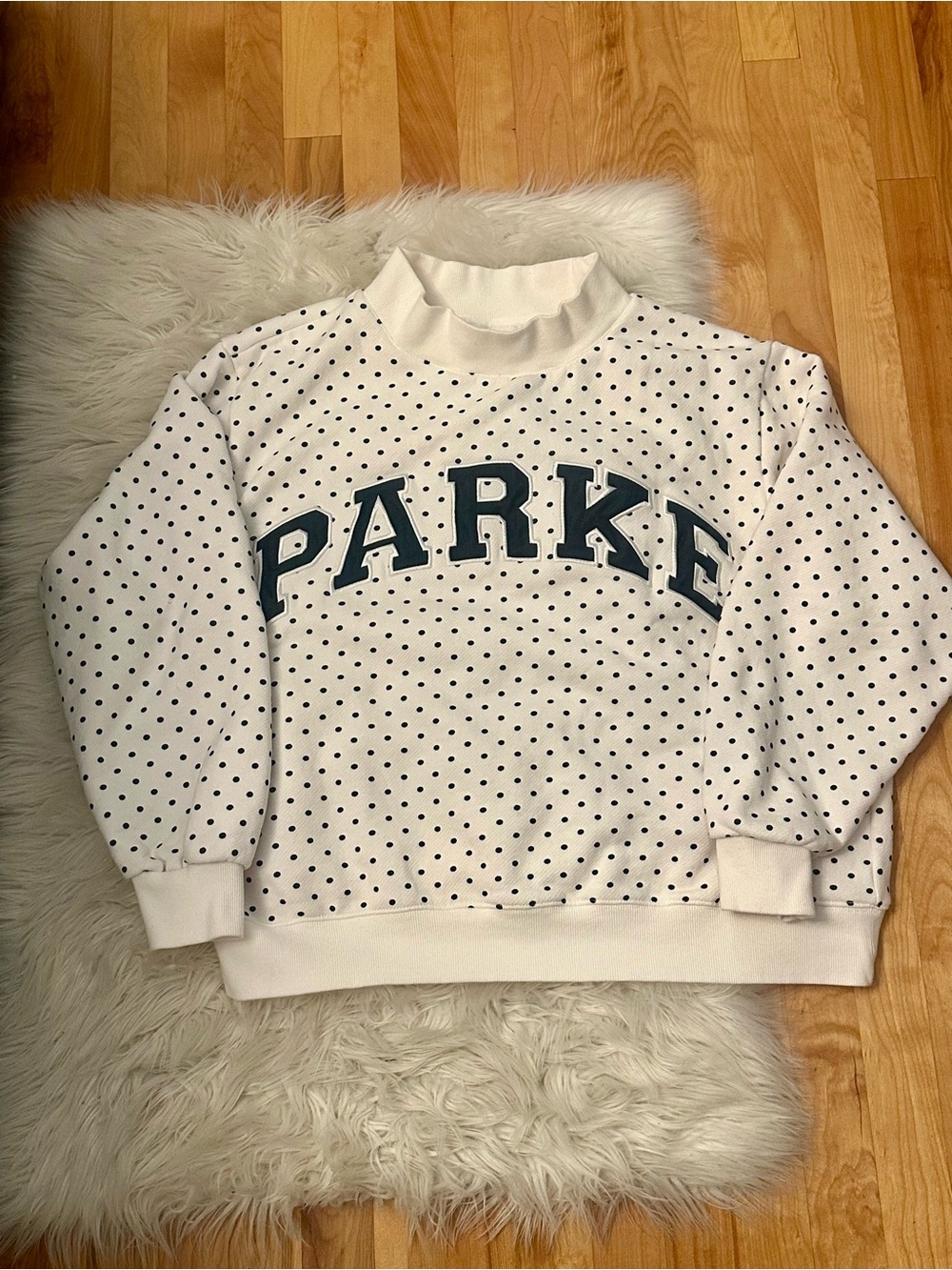 Parke White Polka Dot Mock Neck Sweatshirt with Navy Lettering